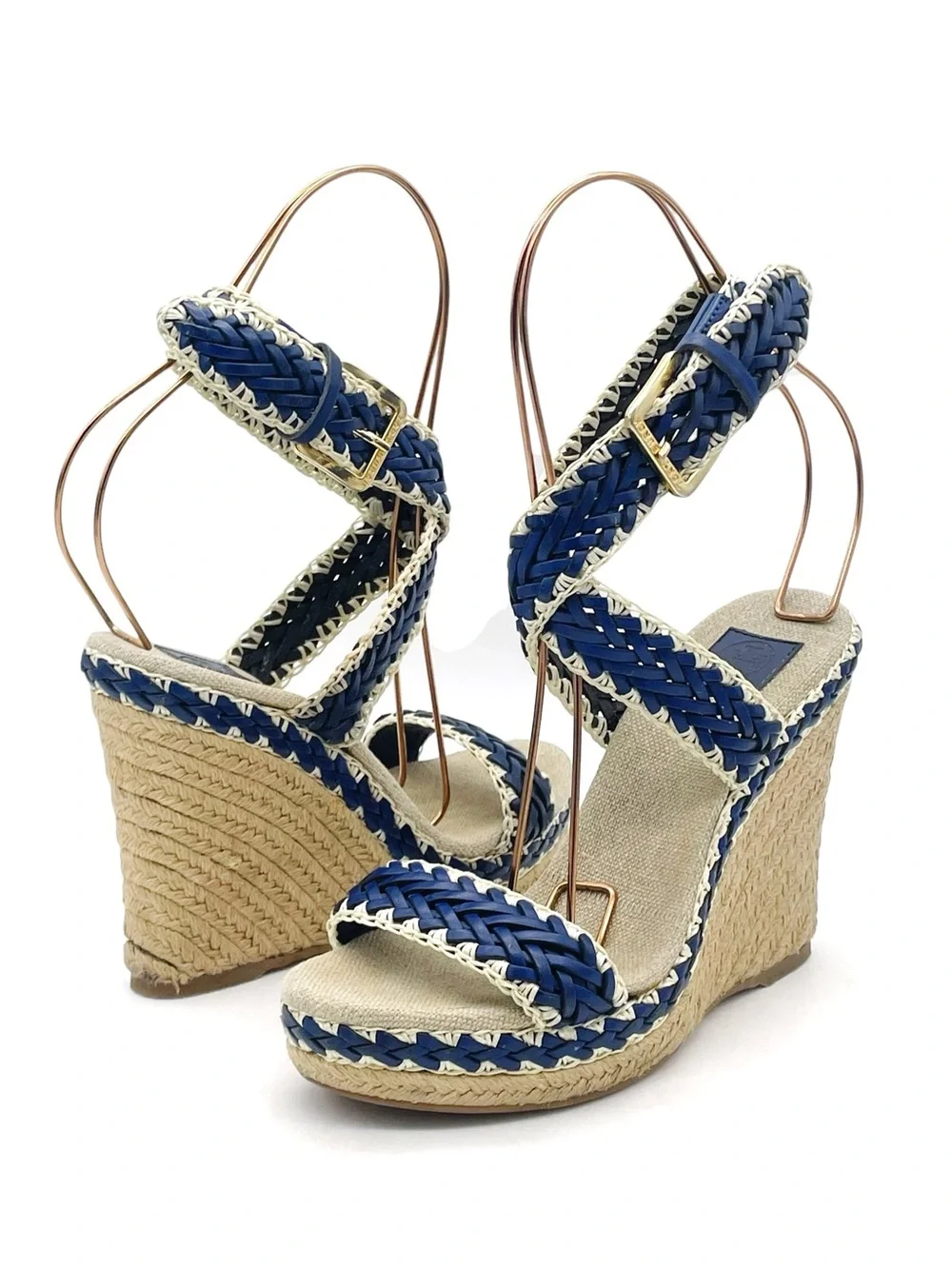 Tory Burch Lilah Espadrille Wedge Sandals Size 37 Cobalt Natural Braided Leather